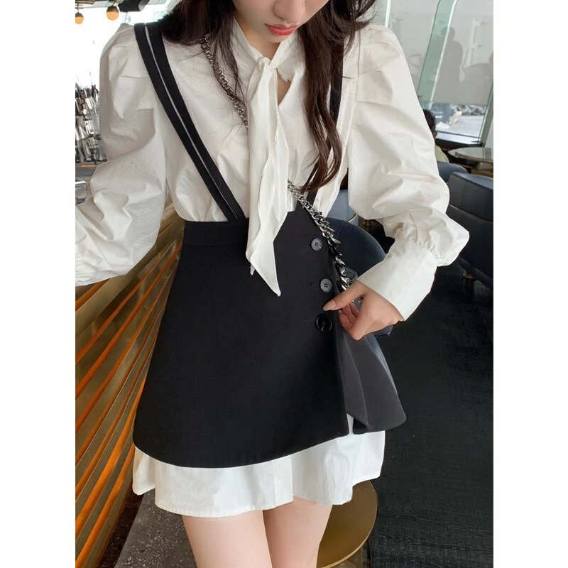Christmas Gift Deanwangkt Autumn 2 Piece Dress Set Women Casual Long Sleeve Elegant Blouse + Mini Strap Dress Lolita Kawaii Clothes Fashion Suits - Deanwangkt