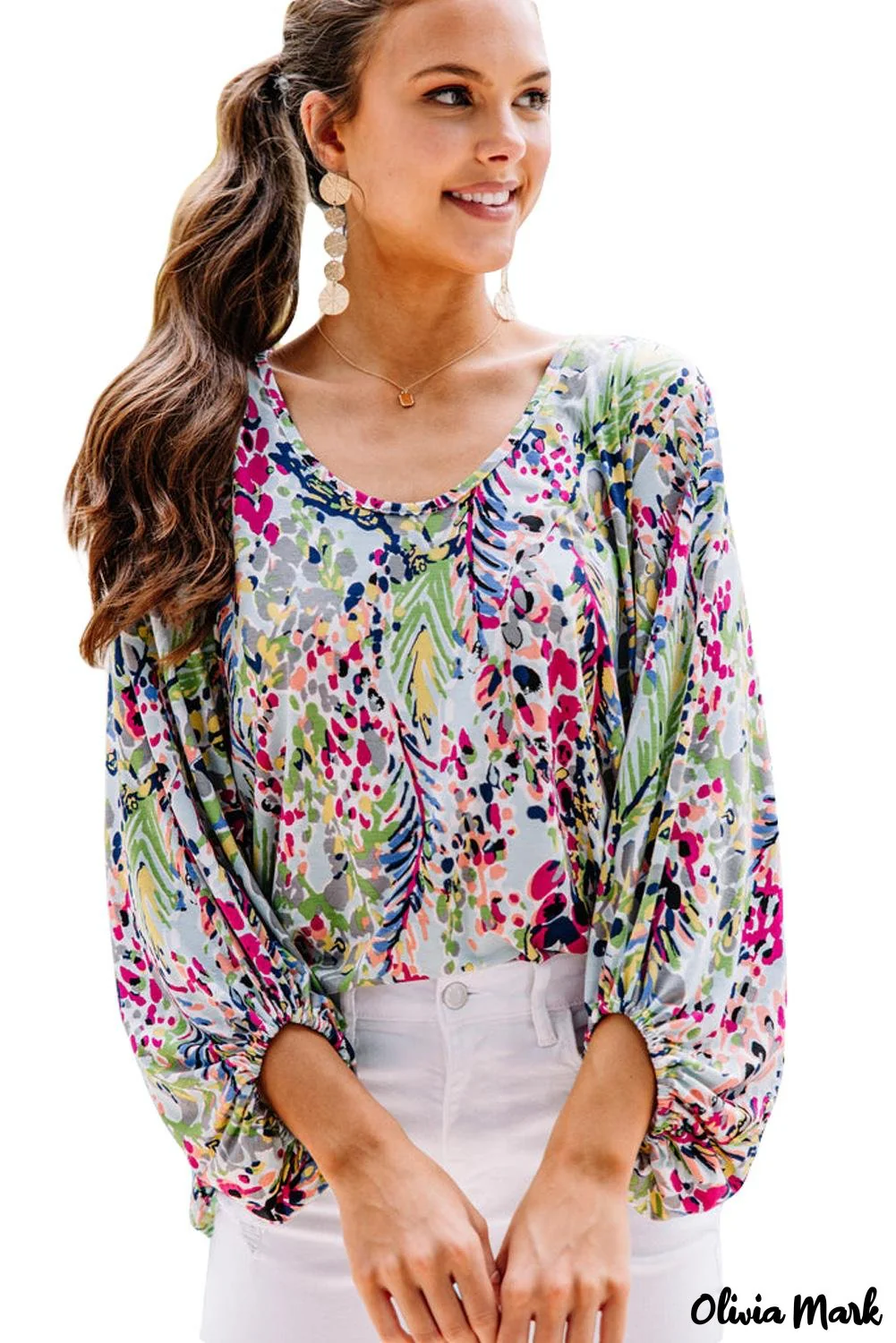 Deanwangkt - Green Floral Print Puff Sleeve Loose Blouse - Deanwangkt