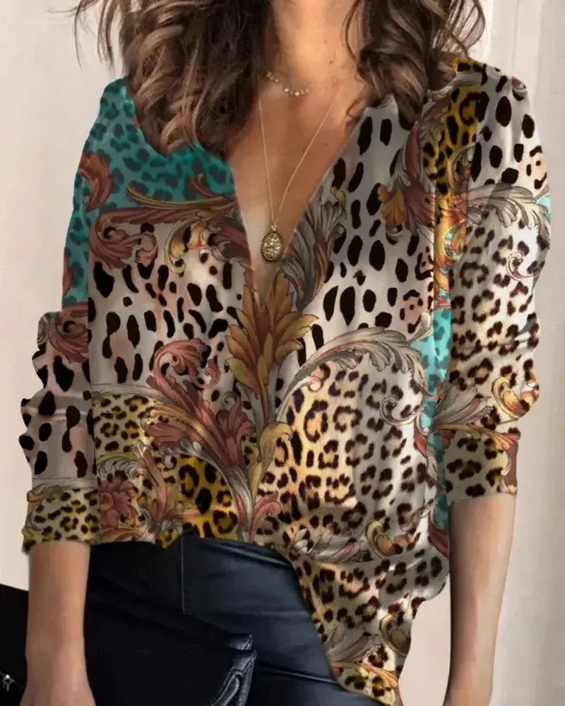 Deanwangkt - Floral Cheetah Print Long Sleeve V-Neck Top - Deanwangkt
