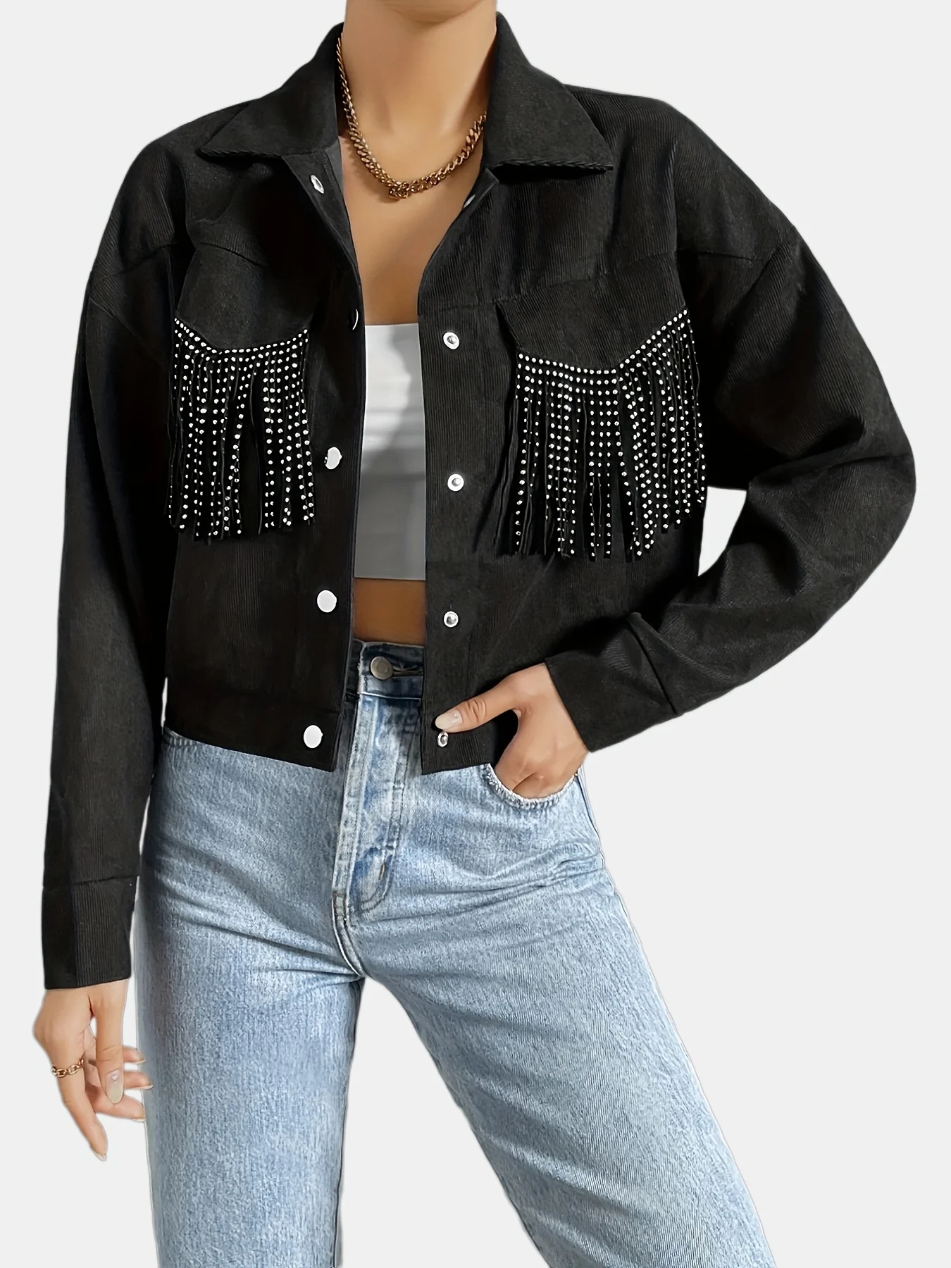 deanwangkt-1  Rhinestone Fringe Trim Tassel Jacket, Casual Long Sleeve Button Front Jacket, Women's Clothing - Deanwangkt