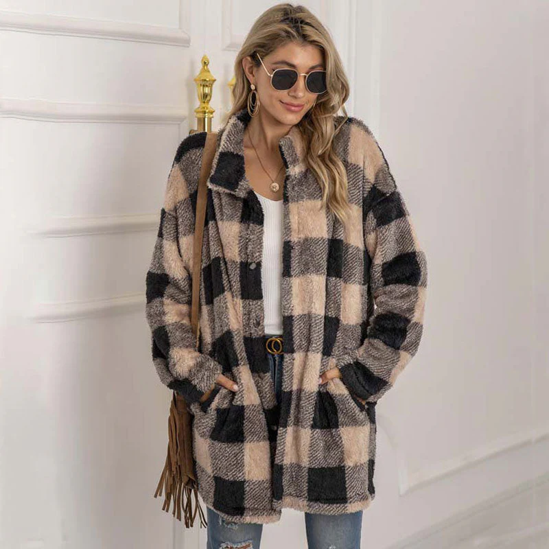 Christmas Gift Autumn Long Faux Fur Coat Women Plaid Jacket Winter Coat Women Long Sleeve Fluffy Teddy Jacket Ladies Warm Plush Jacket Female - Deanwangkt