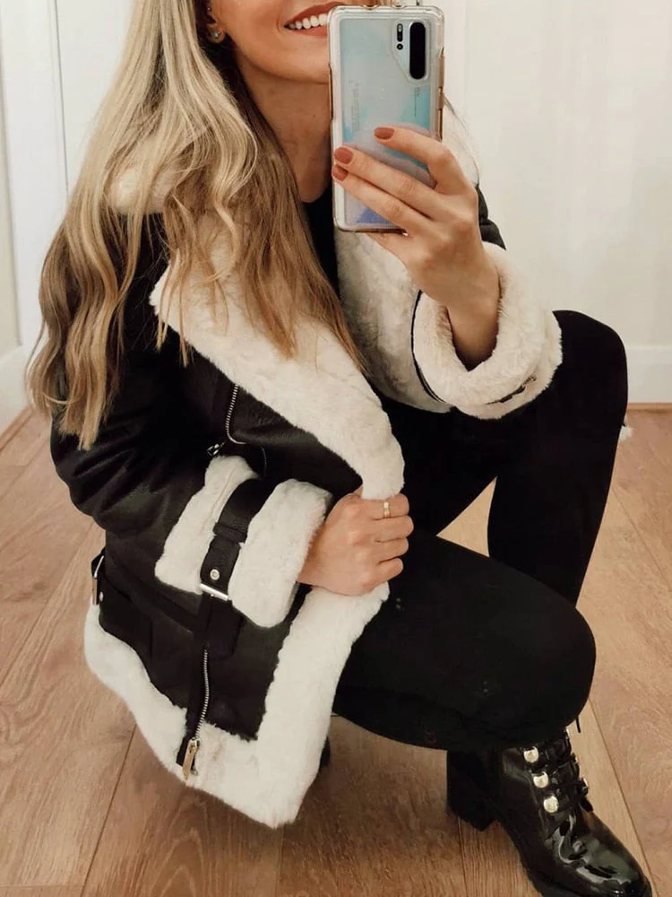 Black Friday Sales Ailegogo Autumn Winter Coat Women Pu Faux Soft Leather Black White Sheepskin Fur Jacket Female Aviator Outwear Casaco Feminino - Deanwangkt