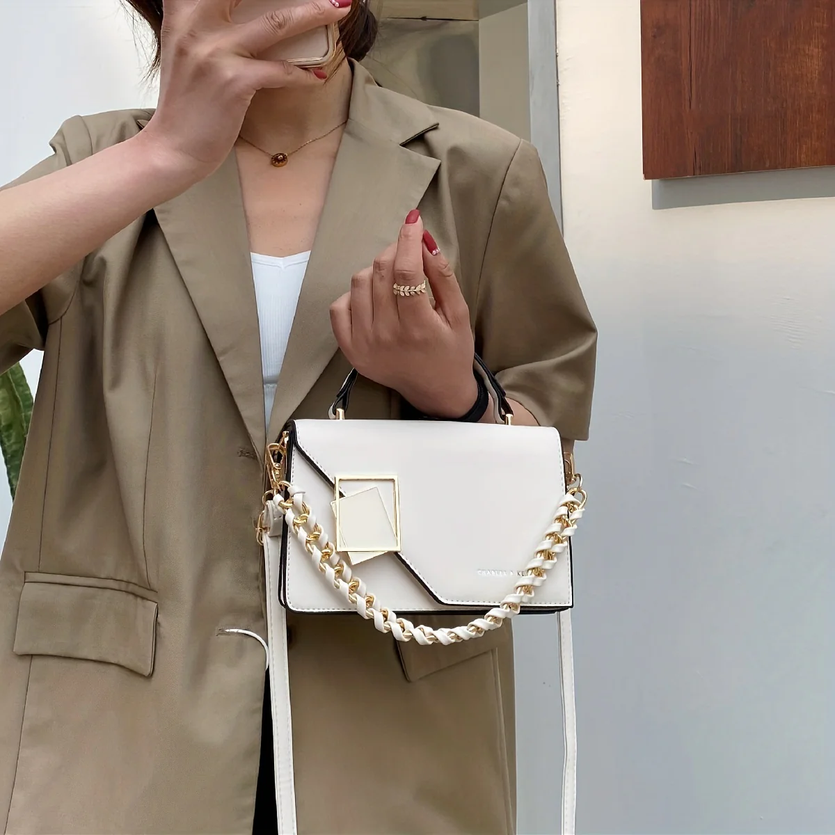 deanwangkt-1  Metal Decor Square Handbag, Mini Chain Flap Purse, Women's Faux Leather Crossbody Bag (7.9*5.1*3.1) Inch - Deanwangkt