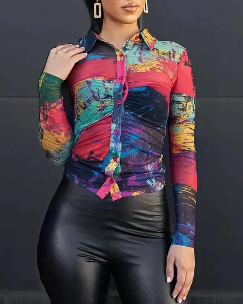 Deanwangkt - Abstract Print Button-Down Long Sleeve Top - Deanwangkt