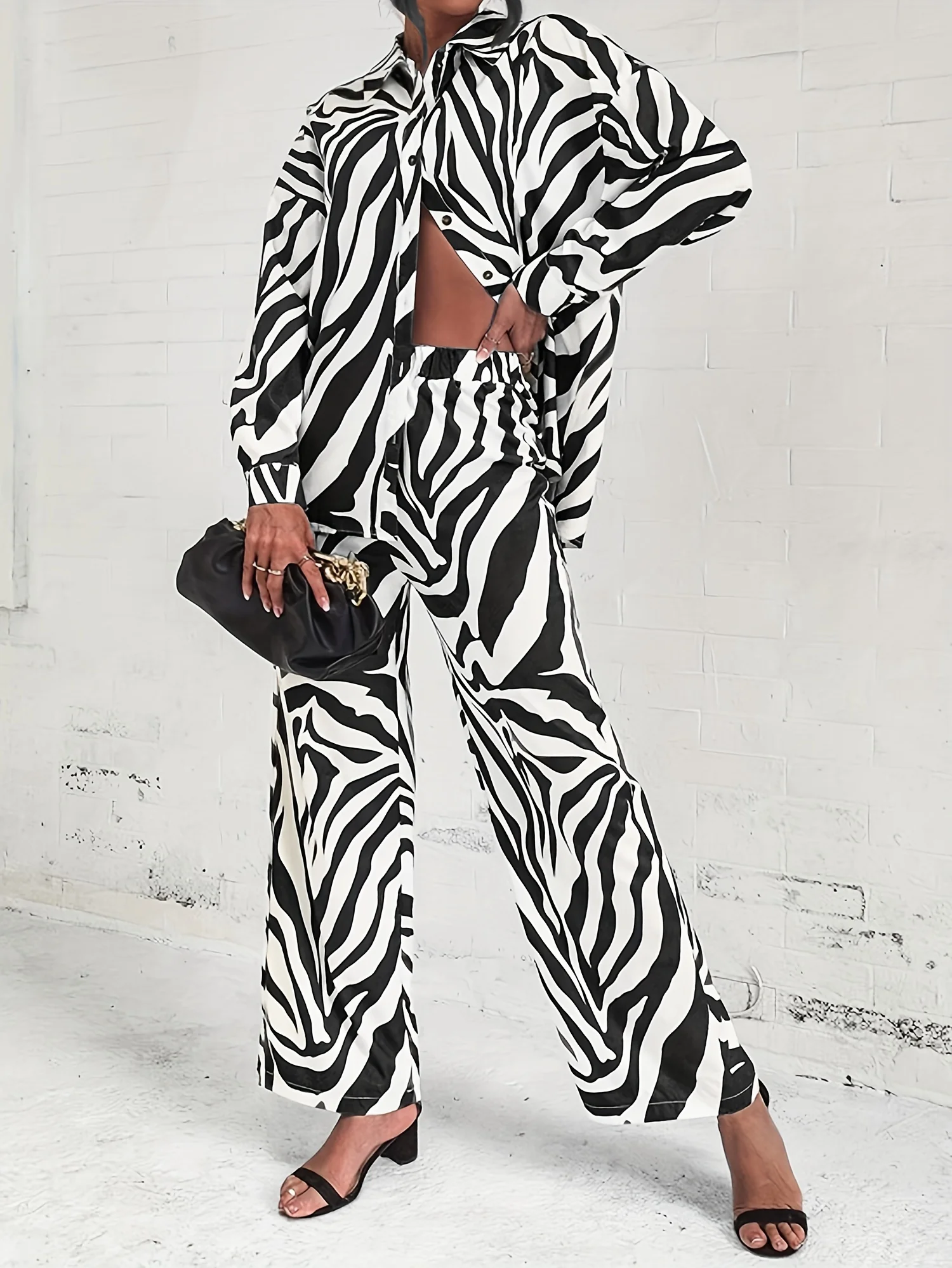 deanwangkt-1 Zebra Print Two-piece Set, Elegant Long Sleeve Button Shirt & Wide Leg Pants Outfits, Women's Clothing - Deanwangkt