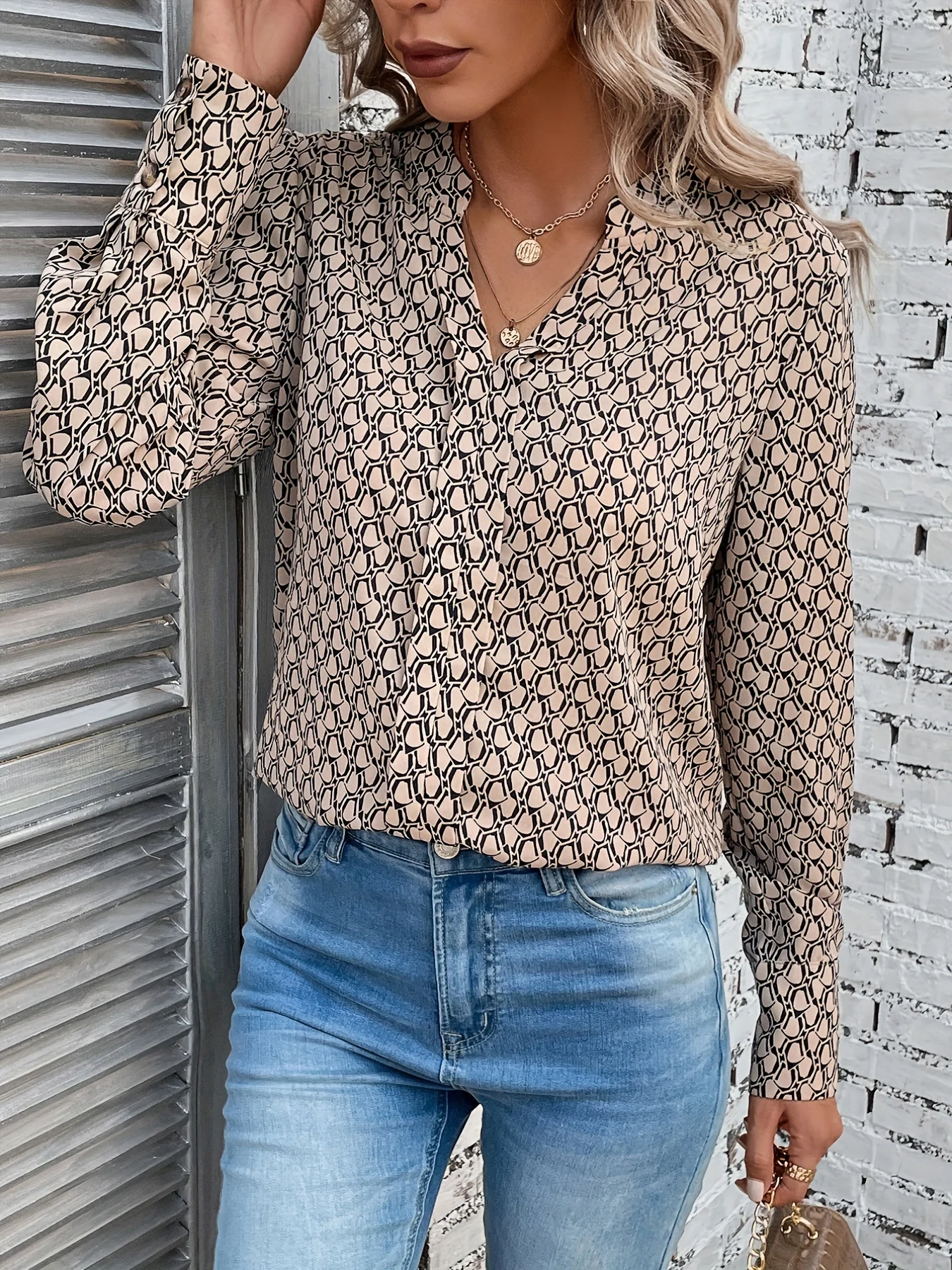 Allover Print Notched Neck Blouse, Casual Long Sleeve Blouse For Spring & Fall, Women's Clothing - Deanwangkt