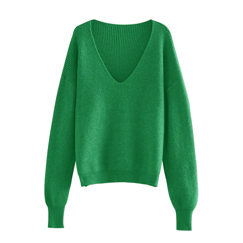 Christmas Gift Deanwangkt Sexy Deep v-neck Sweater Off Shoulder Sweater Green White Knitted Tops Korean Winter Clothes - Deanwangkt
