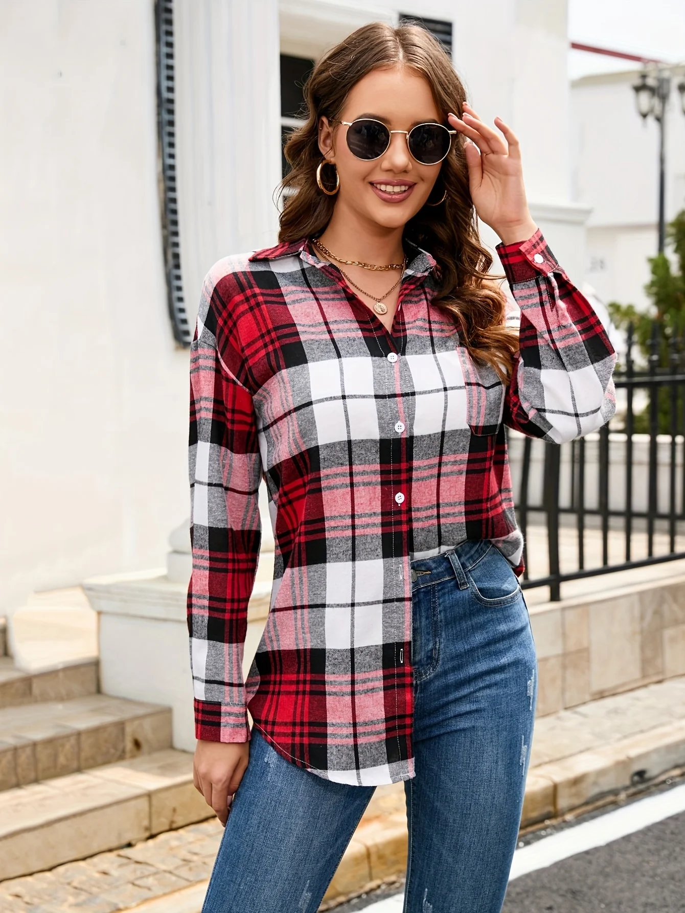 Plaid Pattern Button Down Shirt, Casual Long Sleeve Lapel Shirt, Women's Clothing - Deanwangkt