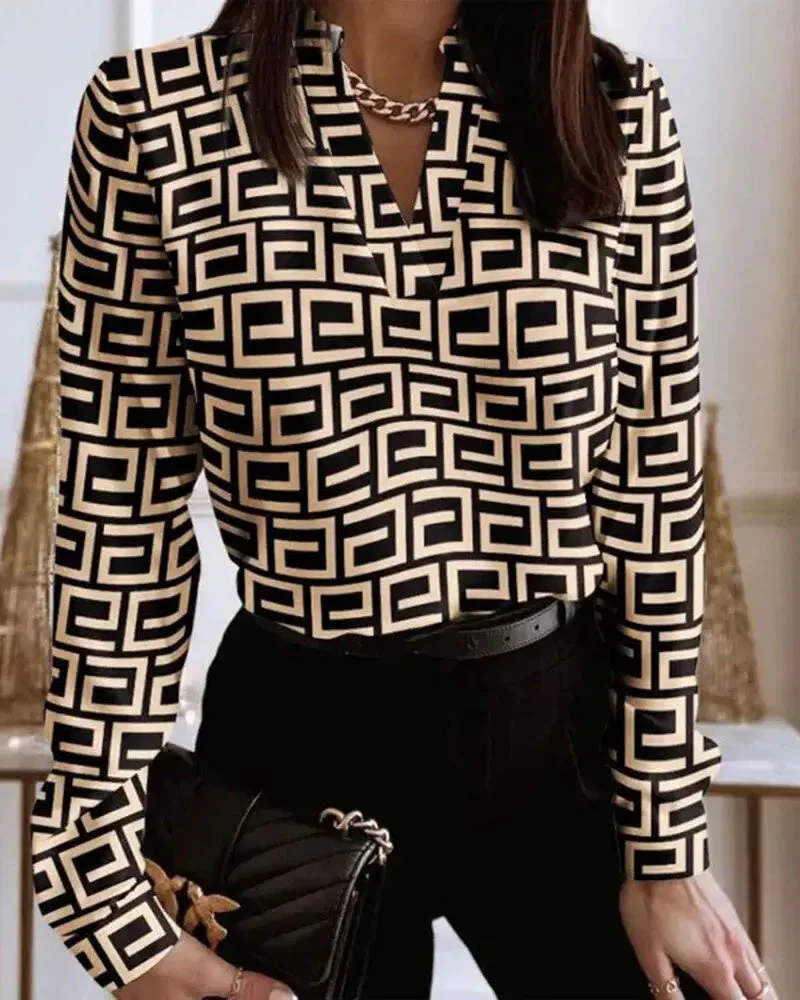 Deanwangkt - Relaxed Geometric Print V-Neck Long Sleeve Top - Deanwangkt