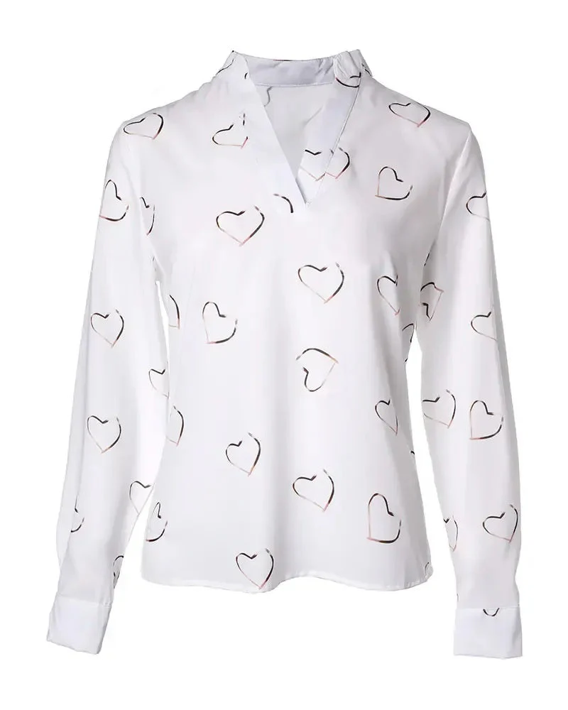 Deanwangkt - Casual Heart Print V-Neck Long Sleeve Top - Deanwangkt
