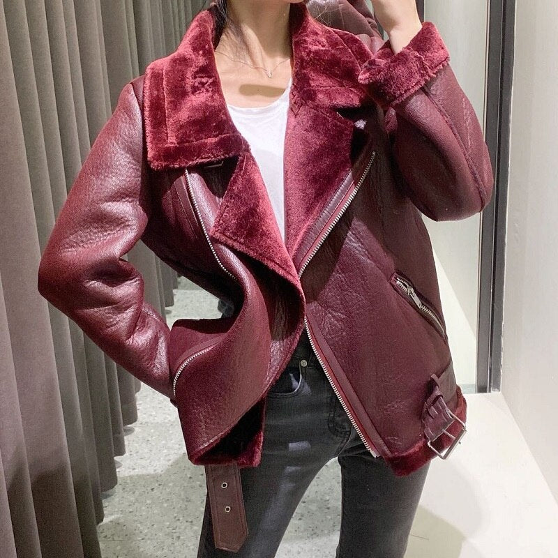 Black Friday Sales Women Winter Warm Thick Windproof Motorcycle Coat With Belt Brown Suede Jacket Faux Lamb Leather Jacket Outwear - Deanwangkt