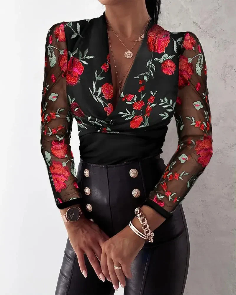 Deanwangkt - Sheer tulle long-sleeved top with floral embroidery - Deanwangkt