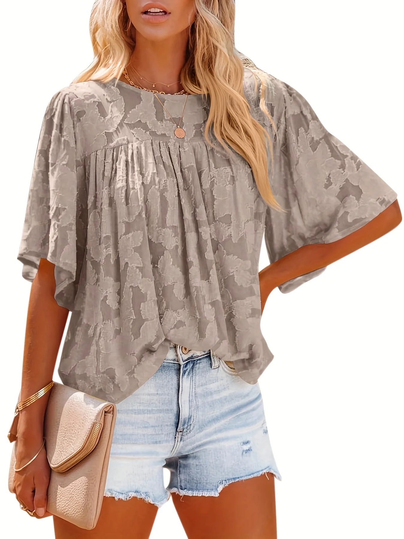 Casual Lace Flare Sleeve Blouse, Short Sleeve Crew Neck Solid Blouse, Casual Every Day Tops, Women's Clothing - Deanwangkt