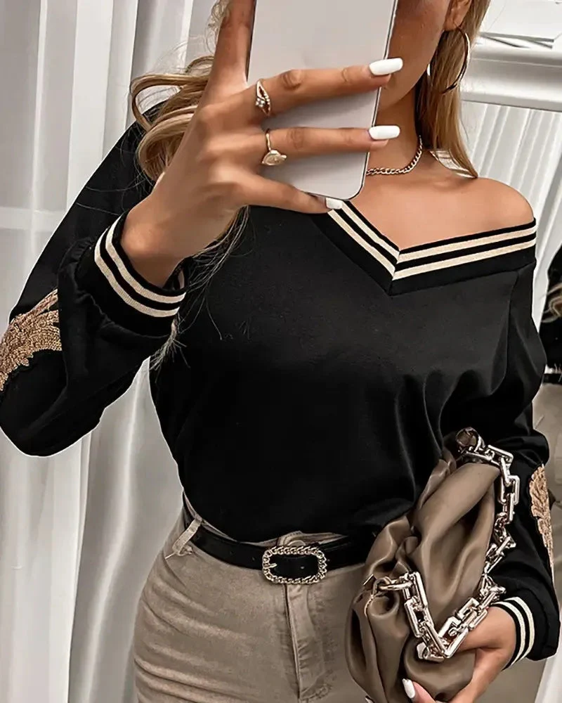 Deanwangkt - Sequin Wings Long Sleeve V-Neck Top - Deanwangkt