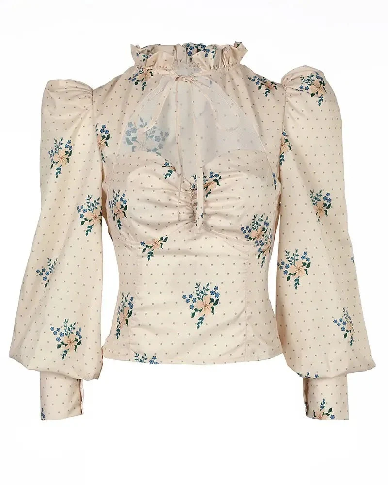Deanwangkt - Polka Dot Floral Cut-Out Lantern Puff Sleeve Top - Deanwangkt
