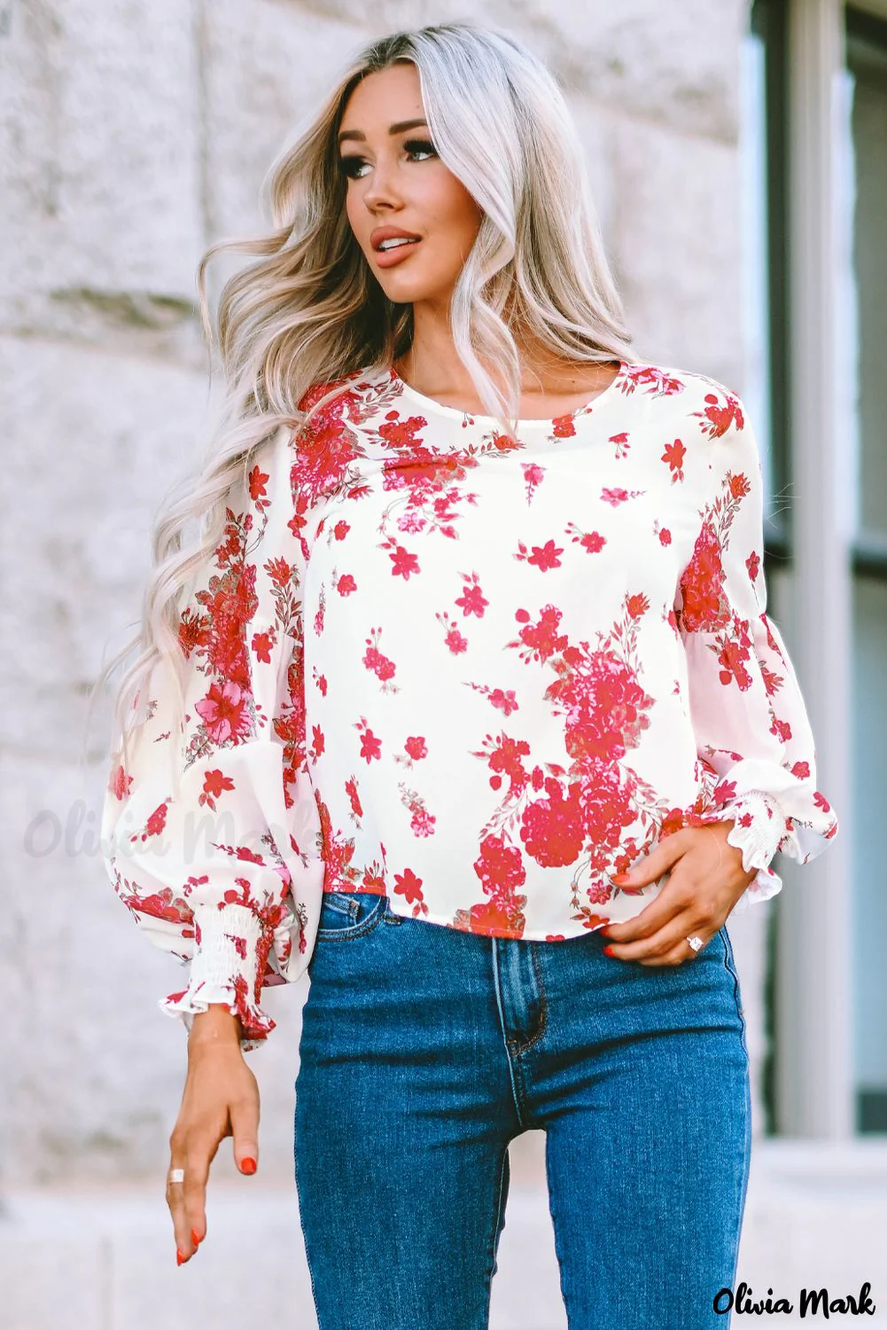 Deanwangkt - Pink floral blouse with round neck and bishop sleeves - Deanwangkt