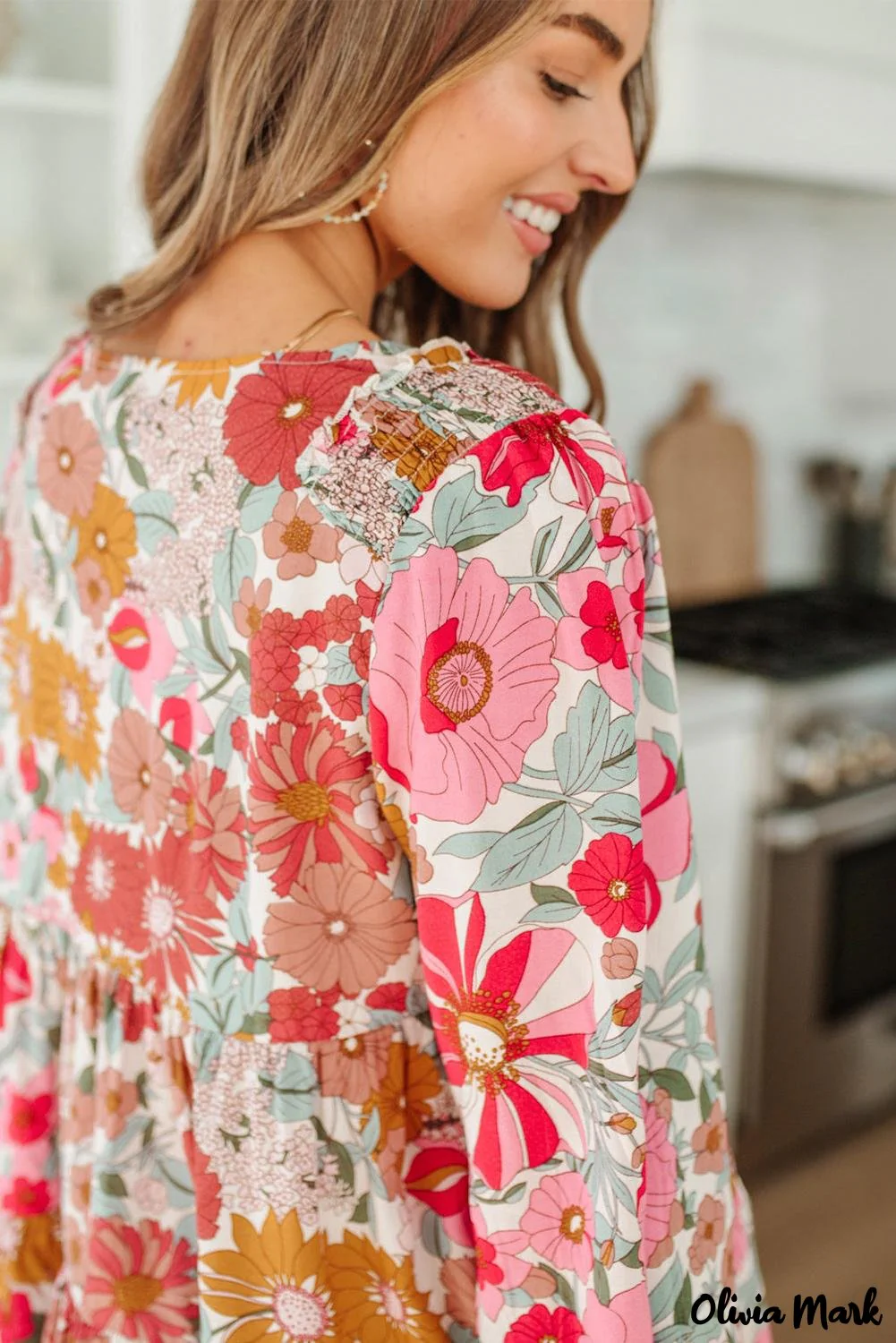 Deanwangkt - Floral Print Ruched Babydoll V-Neck Blouse - Deanwangkt