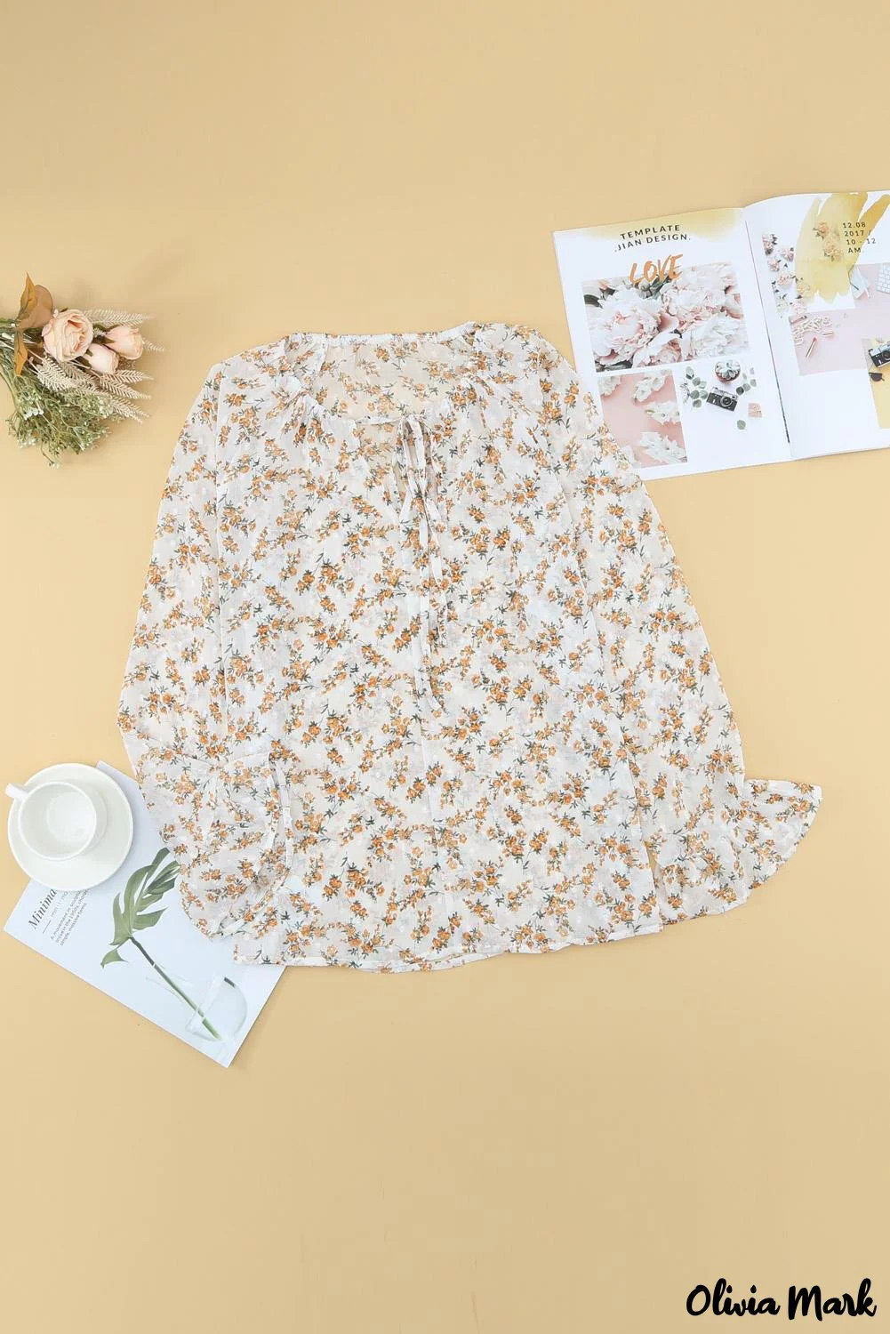 Deanwangkt - Multicolor Floral Print Drawstring Long Sleeve Blouse - Deanwangkt
