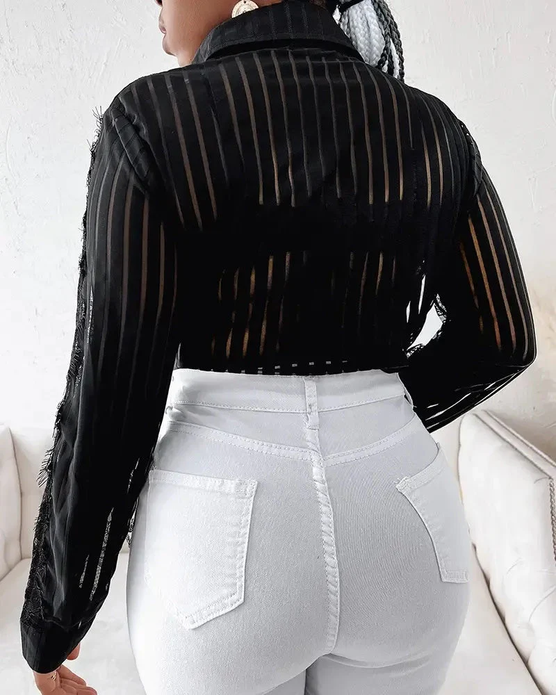Deanwangkt - Contrast Lace Long Sleeve Button Down Shirt - Deanwangkt