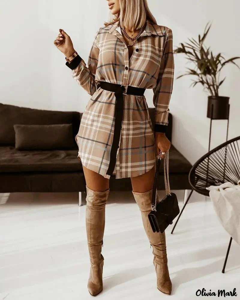 Deanwangkt - Plaid Print Long Sleeve Button Down Shirt With Belt - Deanwangkt