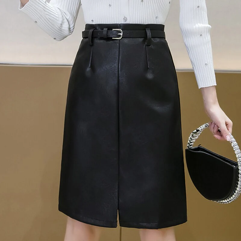 Christmas Gift Deanwangkt Autumn High Waist PU Leather Skirt Mid-length A-line All-match Hip-wrap Skirt Solid Straight Belt Split Pencil Skirts 17102 - Deanwangkt