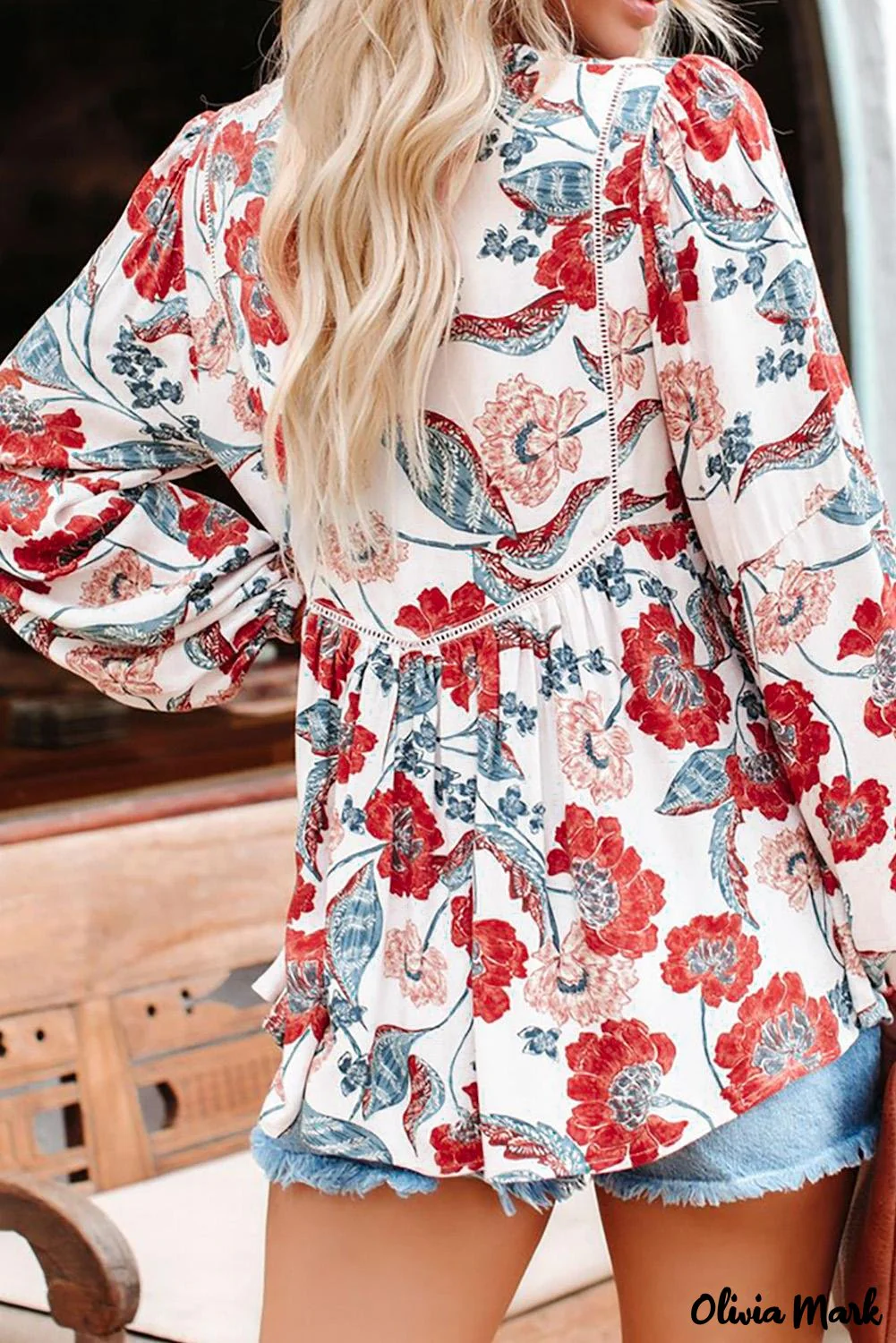 Deanwangkt - Red Floral Patchwork Split Neck Bubble Sleeve Blouse - Deanwangkt