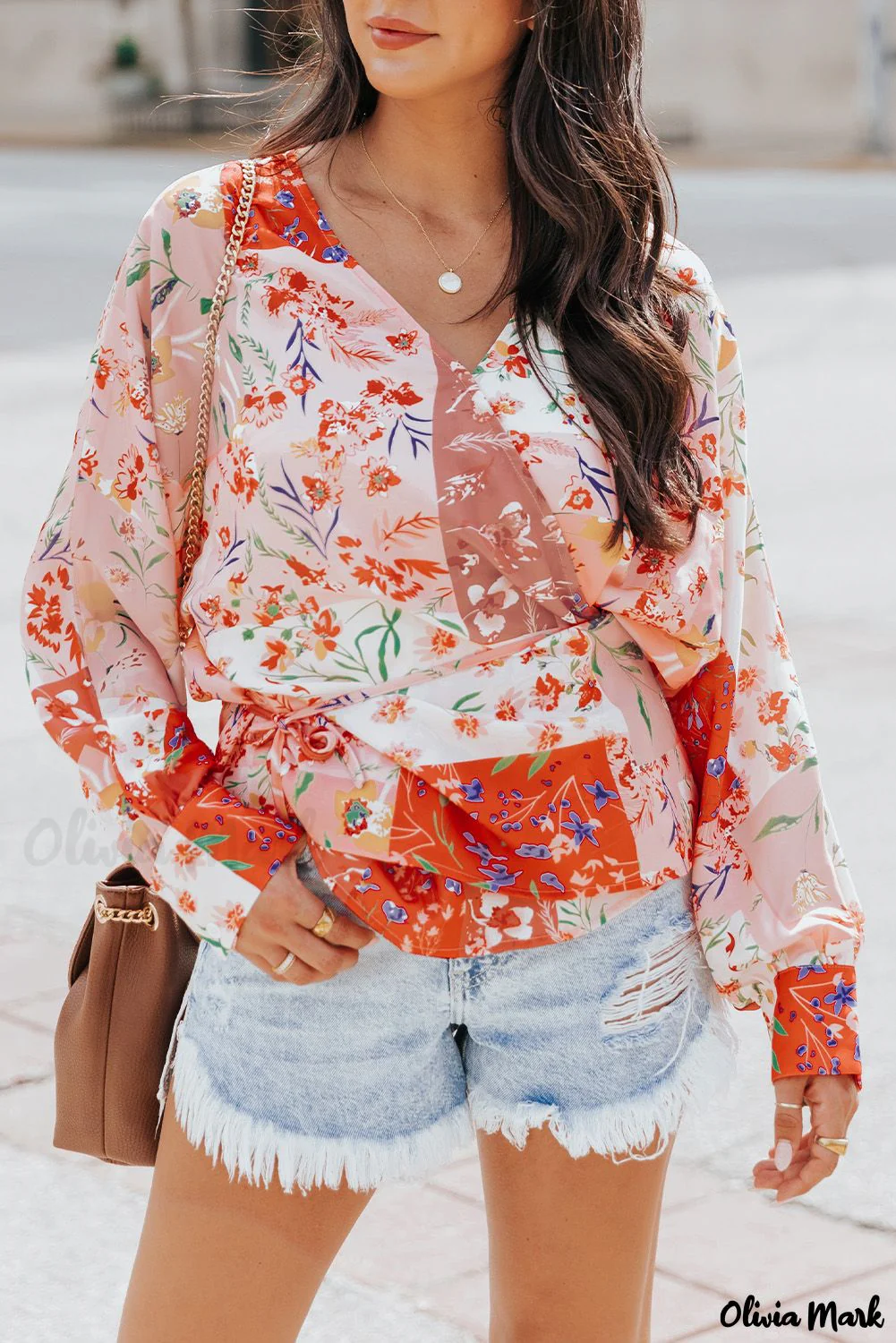 Deanwangkt - Multicolor Patchwork Floral Print V-Neck Wrap Blouse - Deanwangkt