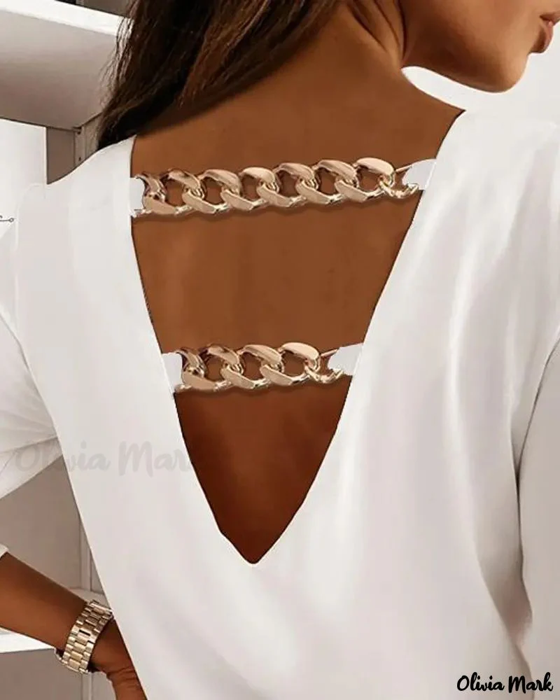 Deanwangkt - Long Sleeve V-Back Top with Chain Decor - Deanwangkt