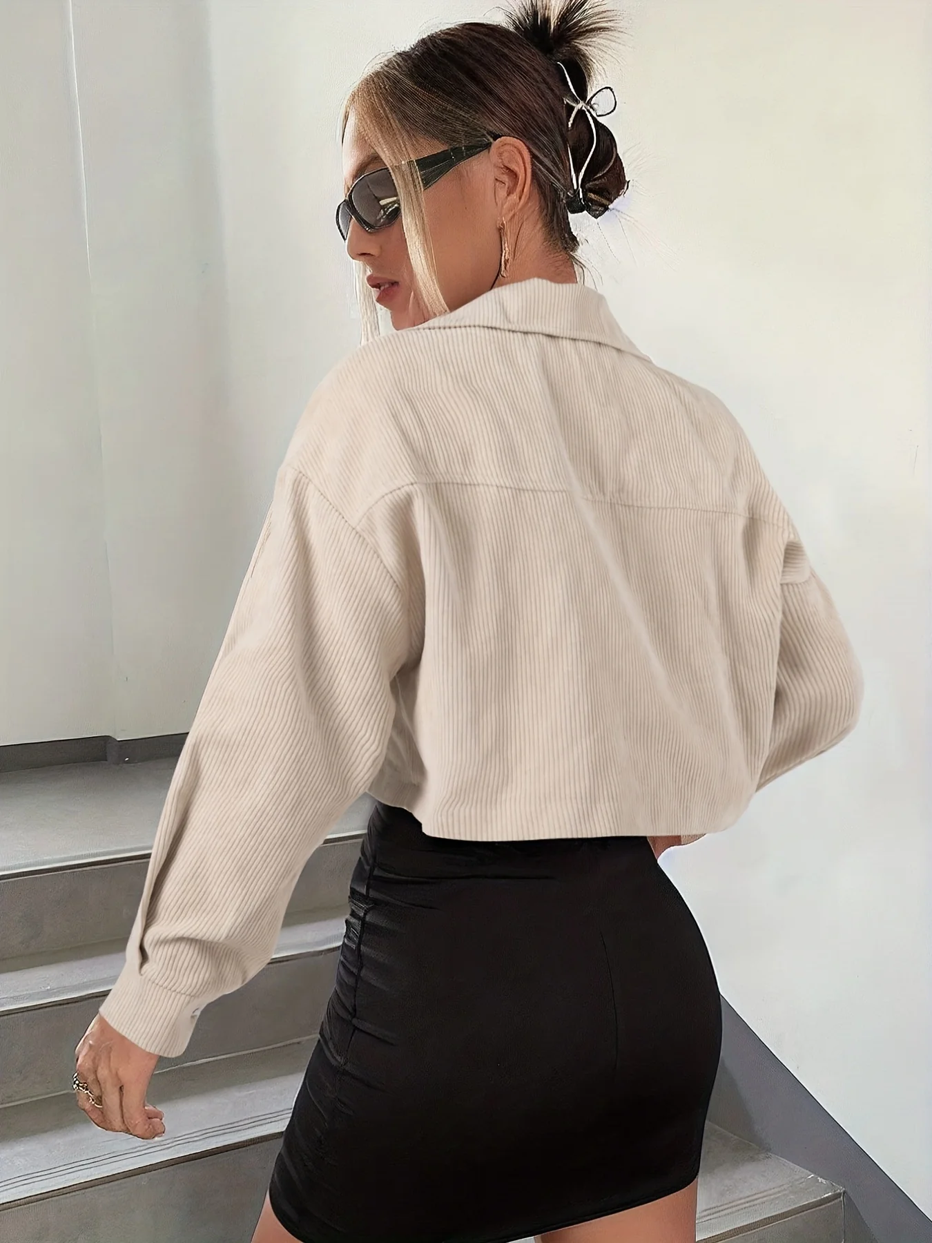 deanwangkt-1  Button Front Flap Pockets Crop Jacket, Casual Long Sleeve Jacket For Fall & Winter, Women's Clothing - Deanwangkt