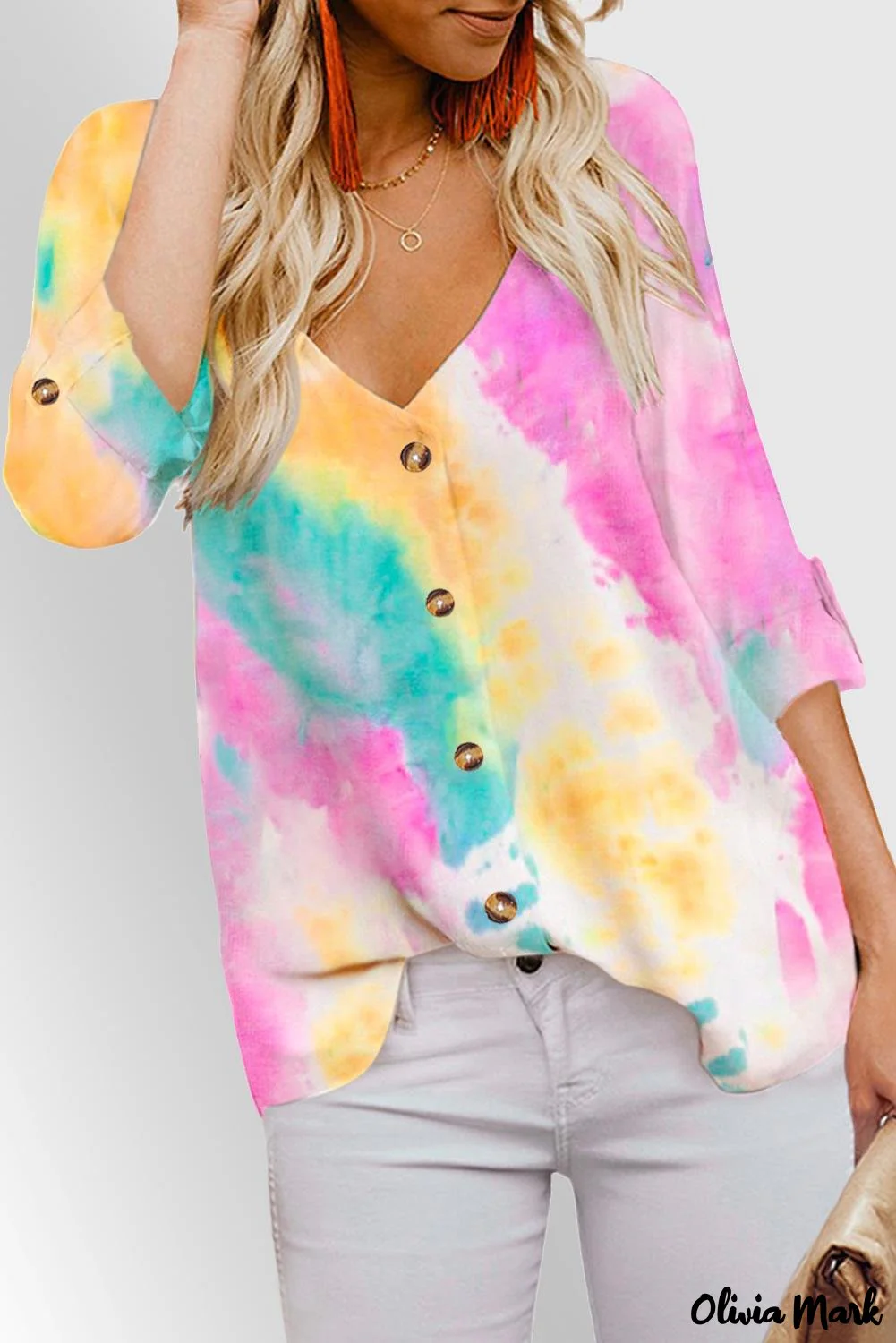 Deanwangkt - Blue Tie-Dye Long Sleeve V-Neck Blouse With Button Closure - Deanwangkt