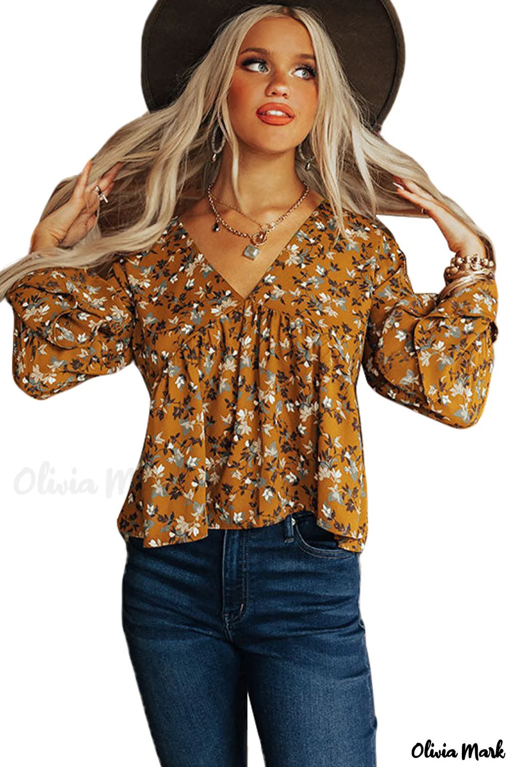 Deanwangkt - Brown Floral Print V-Neck Babydoll Blouse - Deanwangkt
