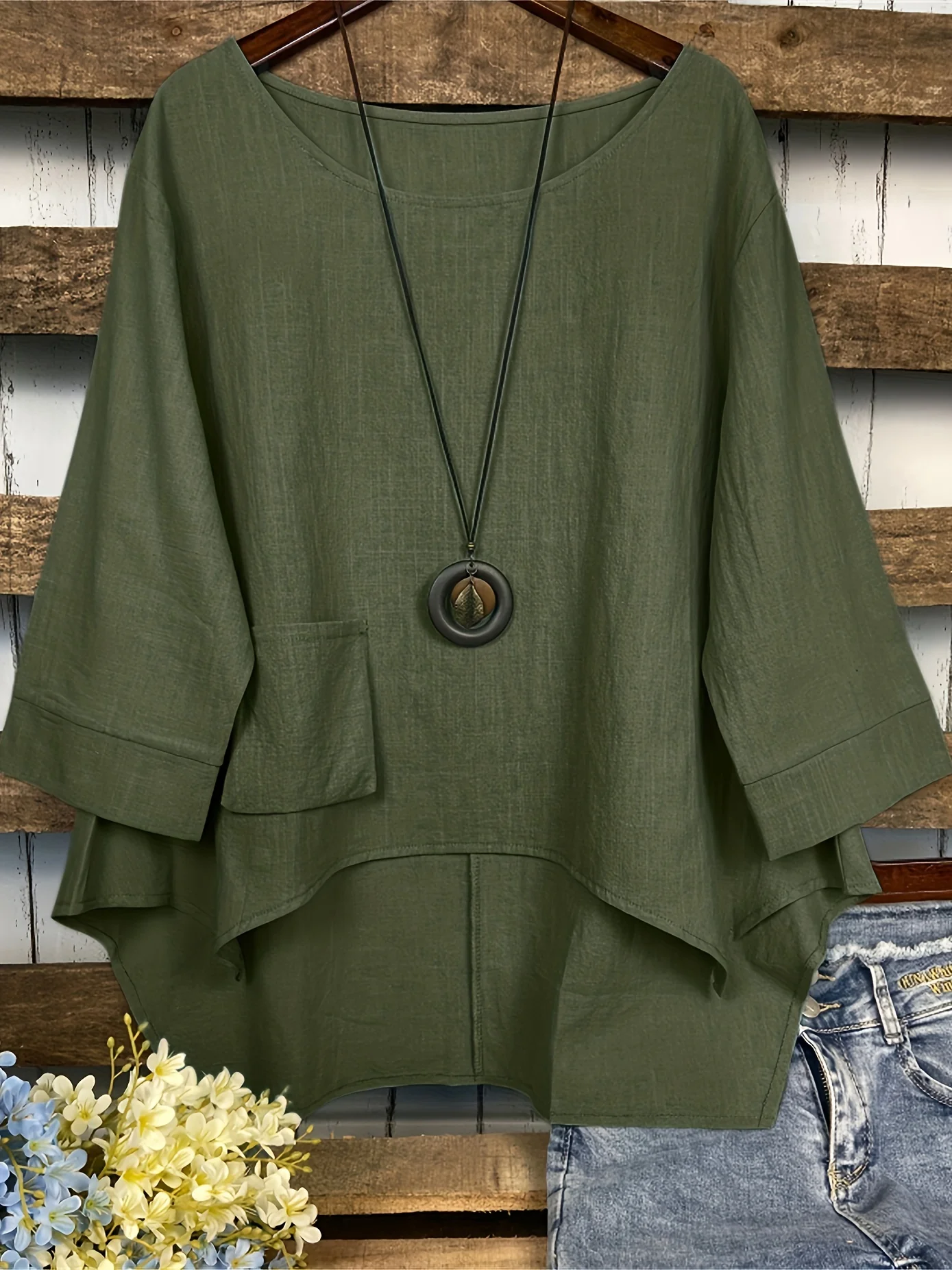 Dipped Hem Solid Blouse, Asymmetrical Crew Neck Loose Casual Blouse, Women's Clothing - Deanwangkt