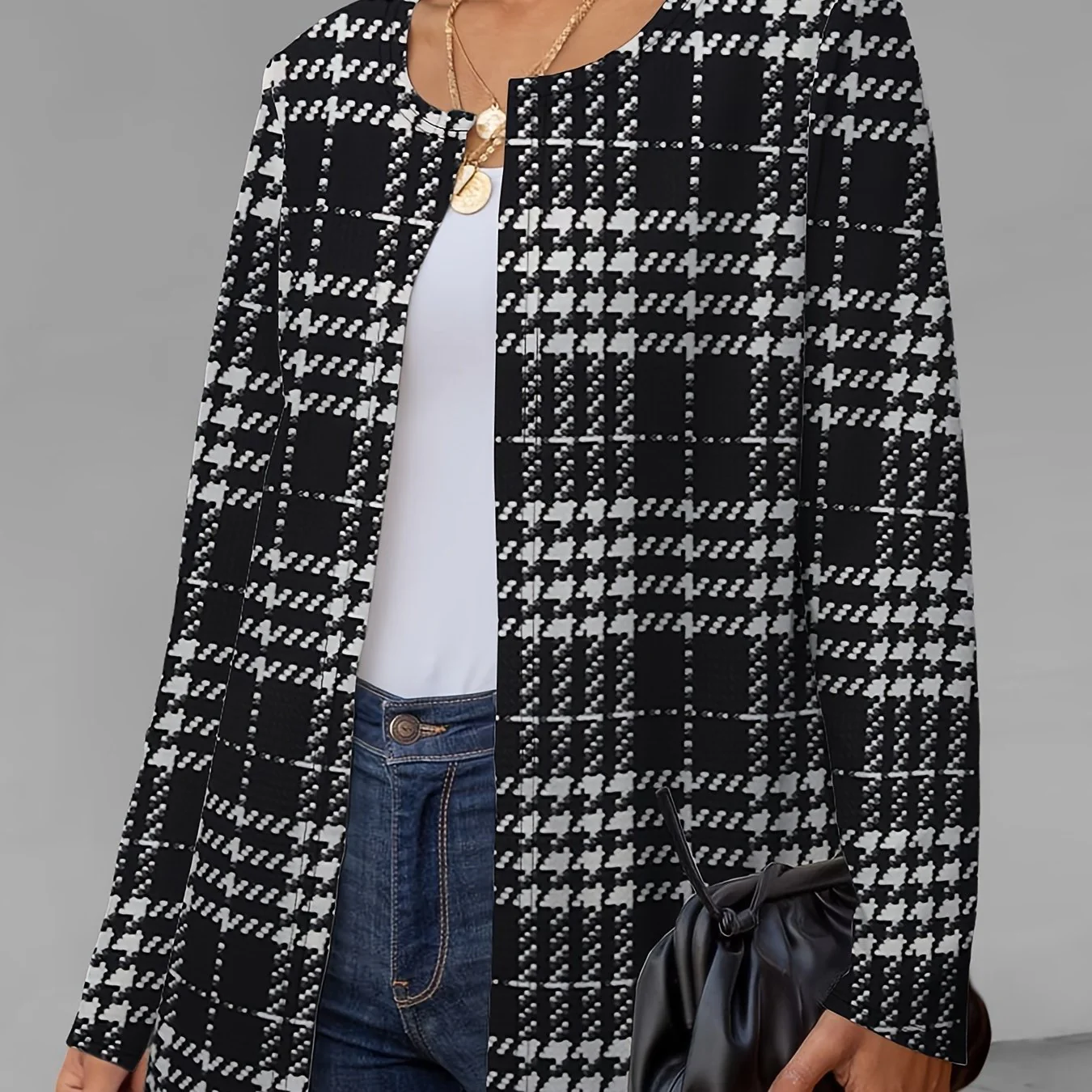 deanwangkt-1 Plaid Print Crew Neck Jacket, Casual Long Sleeve Outerwear For Fall, Women's Clothing - Deanwangkt