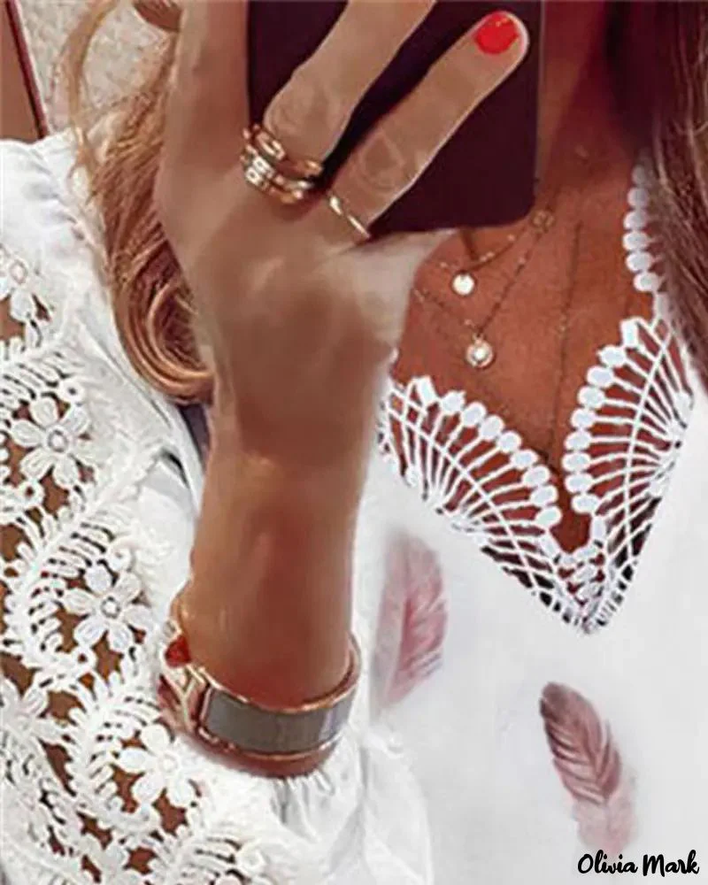 Deanwangkt - Feather Print Contrast Lace Long Sleeve Top - Deanwangkt