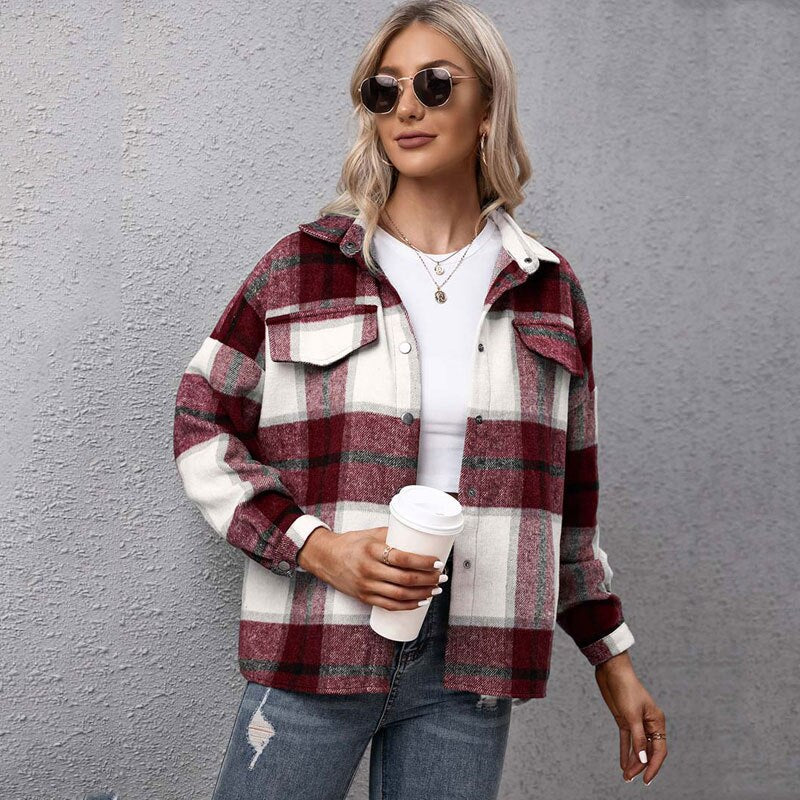 Christmas Gift Deanwangkt Autumn Checkered Jacket Women Winter Plaid Jacket Overshirt Ladies Warm Thicken Button Shirt Jacket Coat Women - Deanwangkt