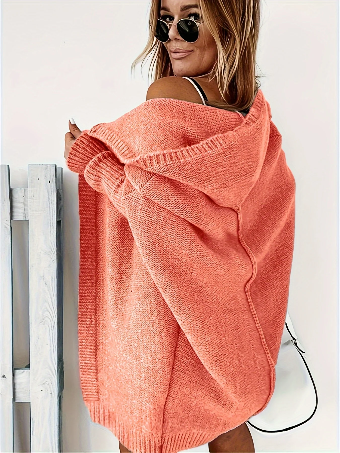 deanwangkt-1  Solid Open Front Hooded Cardigan, Casual Batwing Sleeve Mid Length Sweater For Fall & Winter, Women's Clothing - Deanwangkt