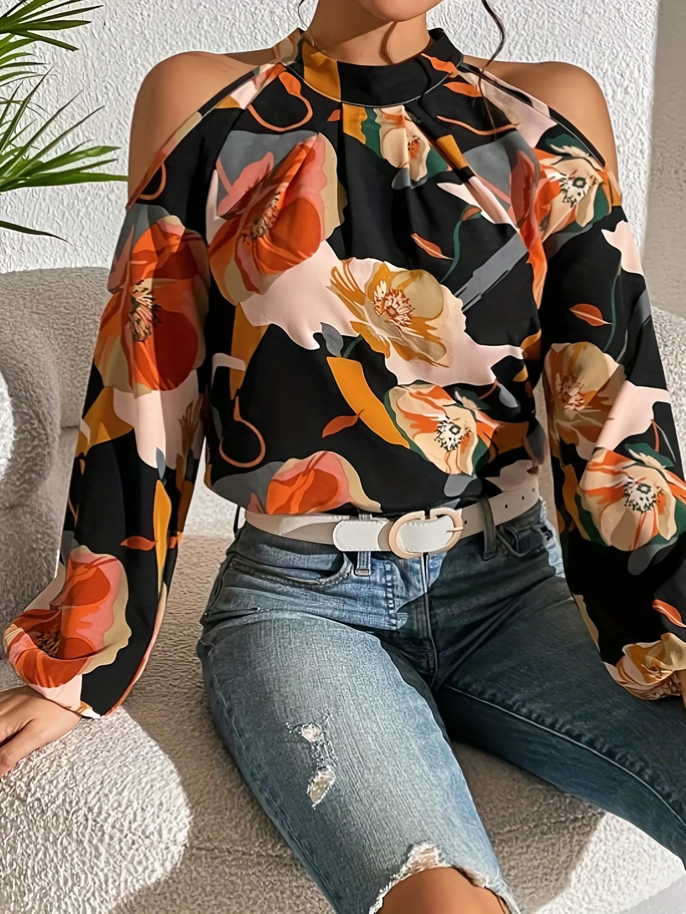Floral Print Cold Shoulder Blouse, Elegant Lantern Sleeve Blouse For Spring & Fall, Women's Clothing - Deanwangkt