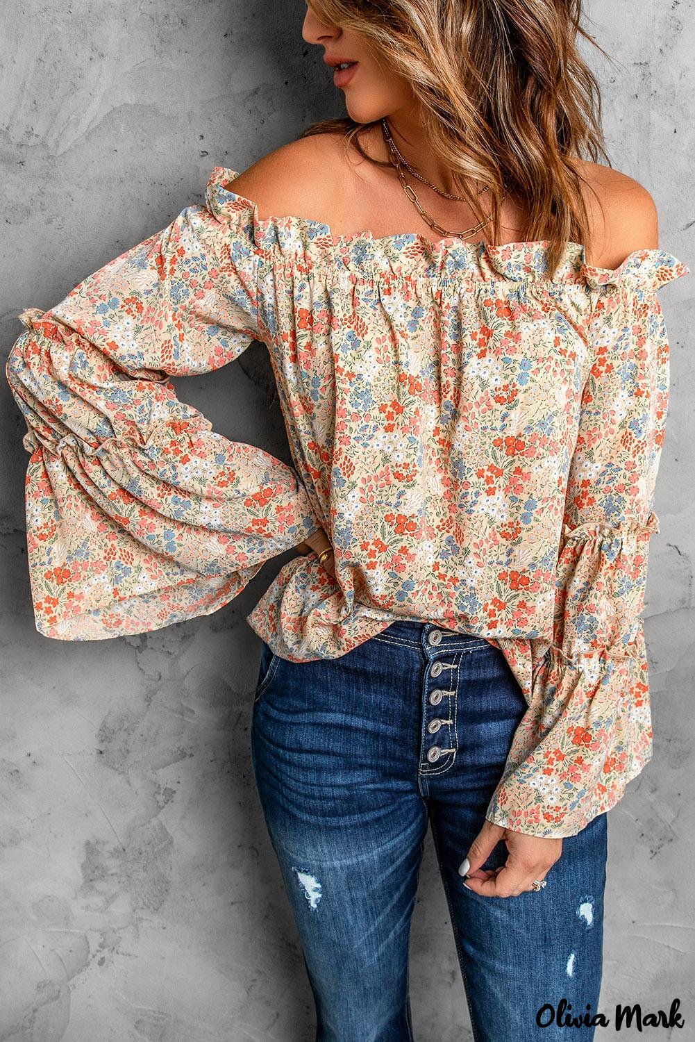 Deanwangkt - Off The Shoulder Floral Print Ruffled Bell Sleeve Blouse - Deanwangkt