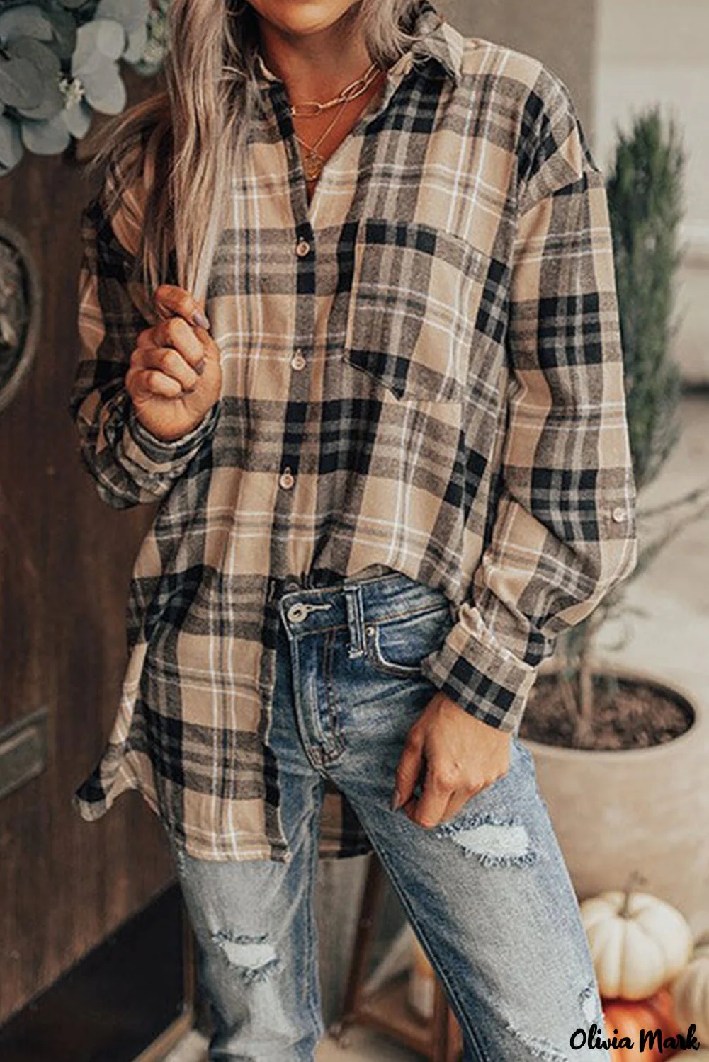 Deanwangkt - Khaki Check Button Long Sleeve Shirt - Deanwangkt