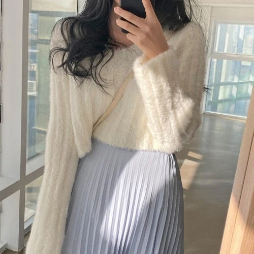 Back To School outfits Y2kpink Sweater Lazy Style Short Chic Gentle Wild Mink V-Neck Short Coat Long-Sleeved Soft Warm Sweater Outer Wear - Deanwangkt
