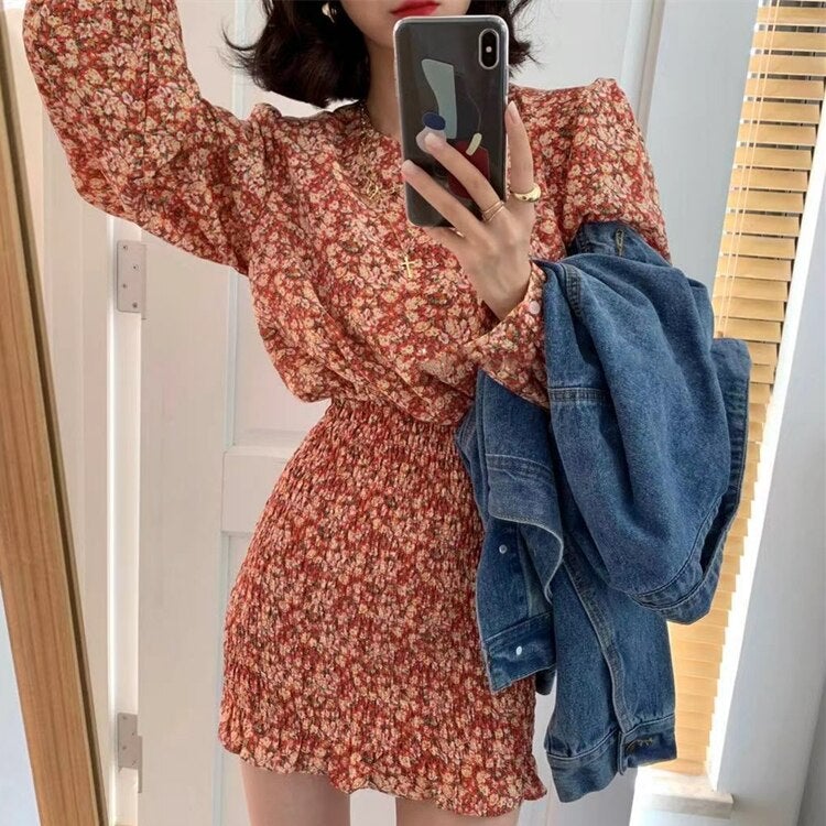 Christmas Gift  New Deanwangkt Women Summer Autunm Dresses Floral Printed Vintage High Waist Korean Package Hip Lady Mini Dresses DR21107 - Deanwangkt