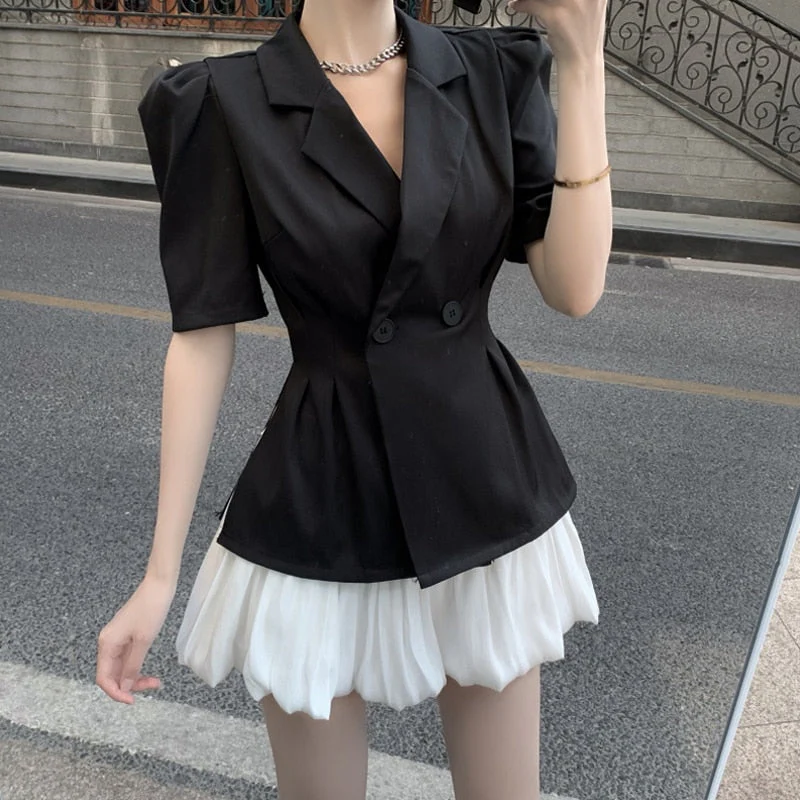 Christmas Gift 2PCS Women Summer Deanwangkt Blazer Coat + Short Skirts Sets Elegant Short Sleeve OL Suits Korean Ladies Clothing Set Female 9397# - Deanwangkt