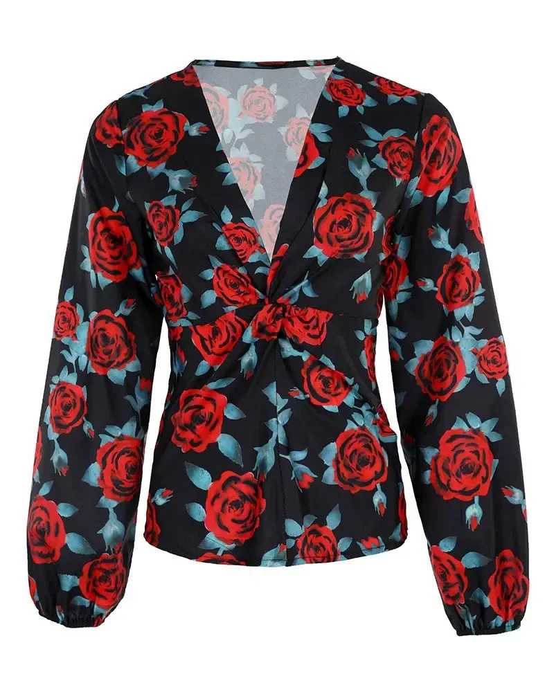 Deanwangkt - Floral Print Long Sleeve V-Neck Top - Deanwangkt