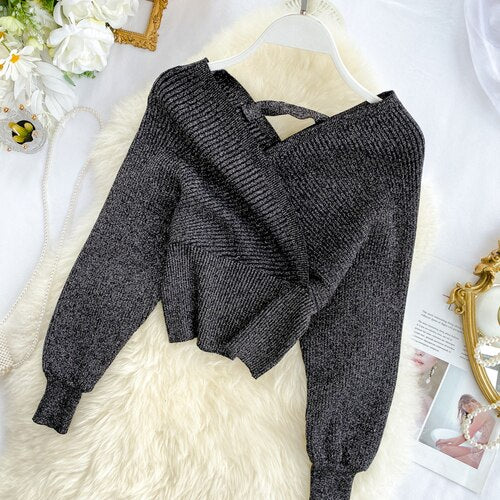 Christmas Gift 220 New Sexy V-neck Fashion Bright Silk Sweater Women's Autumn Bat Sleeves Short Waist Bottoming Shirt Winter Clothes Women - Deanwangkt