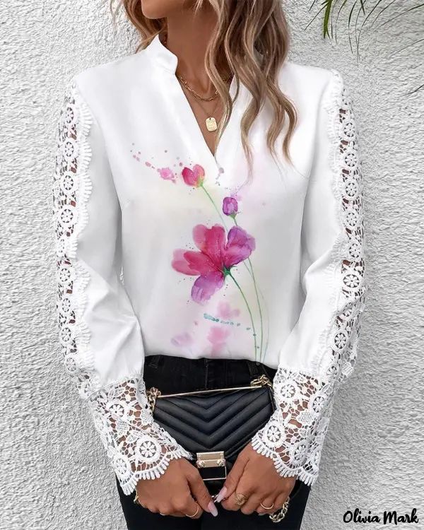 Deanwangkt - Floral Print Contrast Lace Long Sleeve Top - Deanwangkt