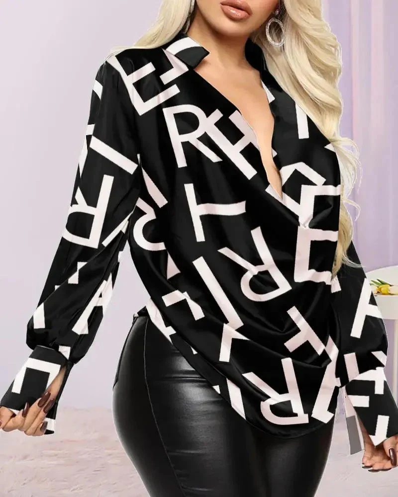 Deanwangkt - Satin long sleeve top with letter print and plunging neckline - Deanwangkt