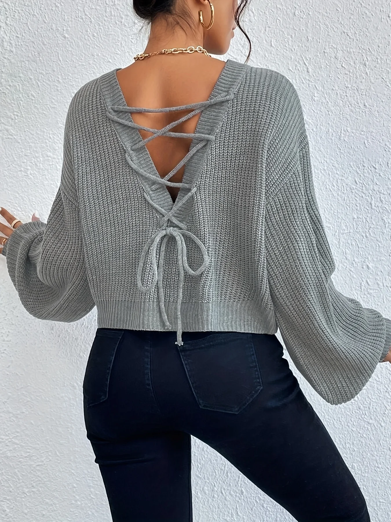 Solid Lace Up Sweater, Casual Long Sleeve Sweater For Fall & Winter, Women's Clothing - Deanwangkt