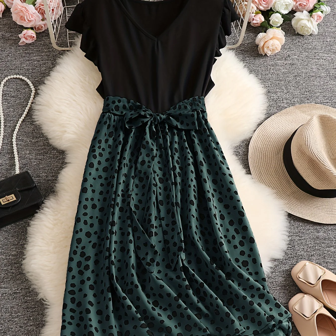 Plus Size Casual Dress, Women's Plus Colorblock Leopard Print Ruffle Sleeve V Neck Medium Stretch Belted Dress - Deanwangkt