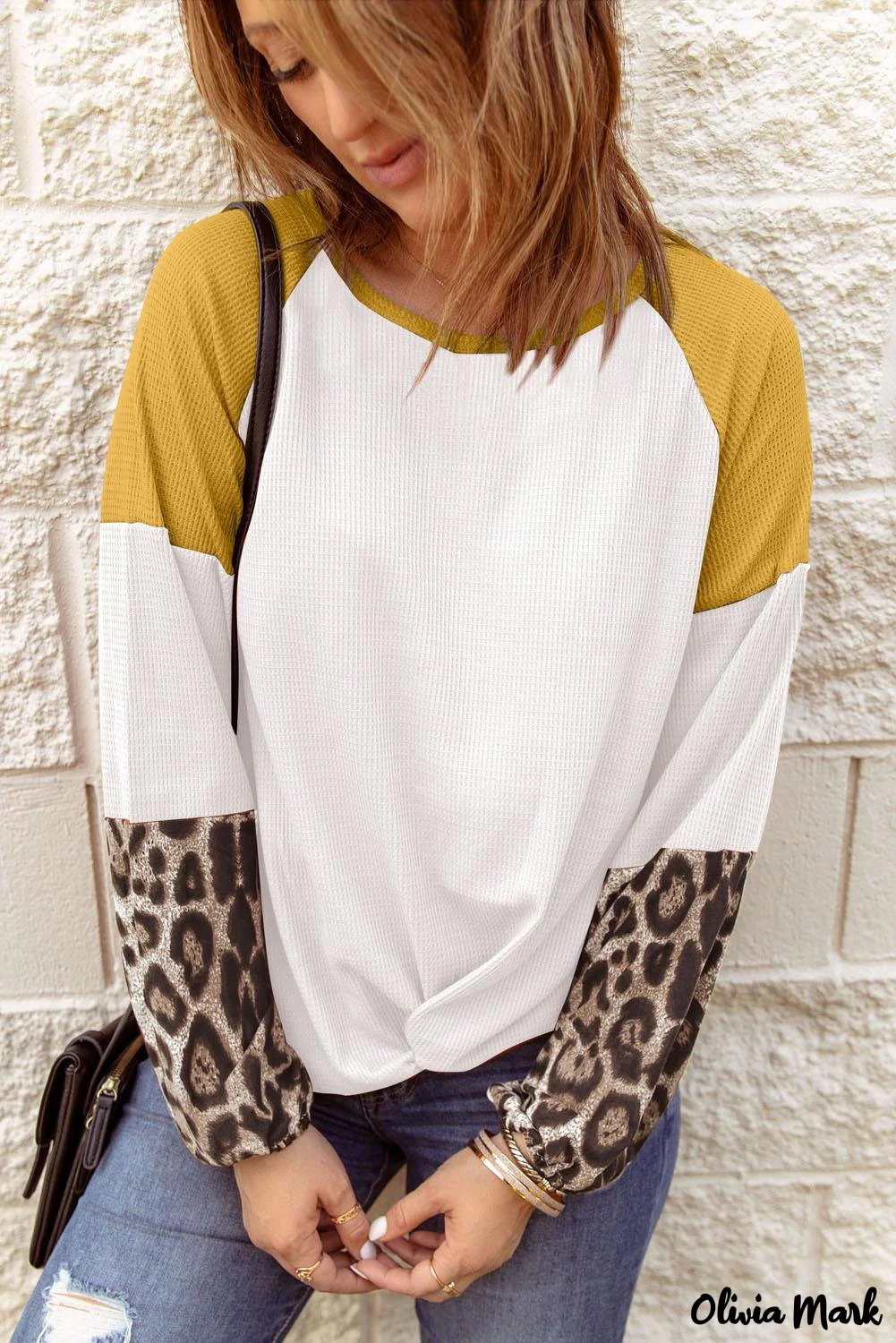 Deanwangkt - Black Waffle Knit Leopard Long Sleeve Twist Knot Blouse - Deanwangkt