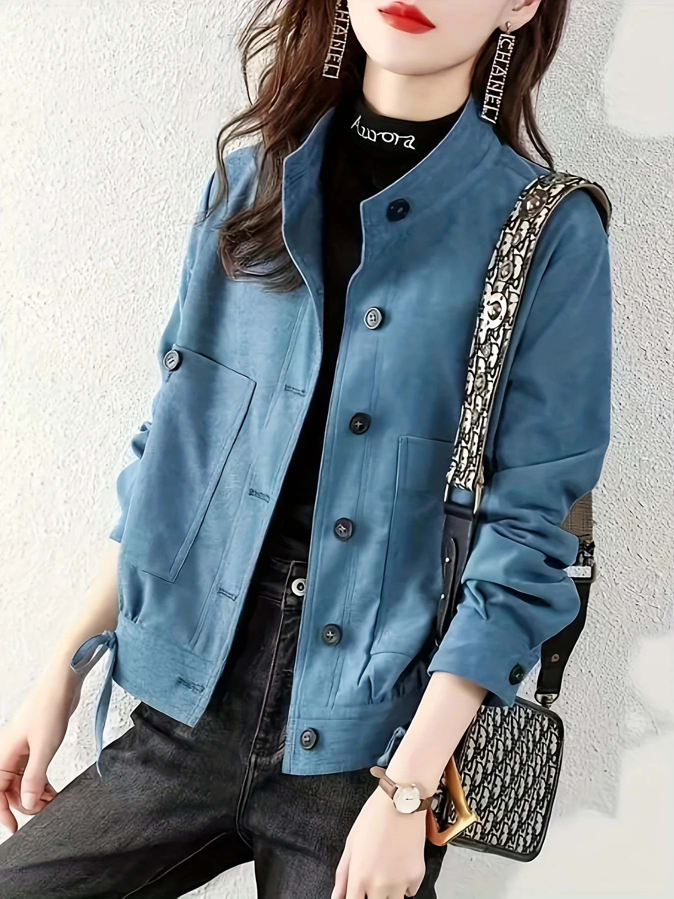 Button Front Solid Jacket, Casual Mock Neck Long Sleeve Outerwear, Women's Clothing - Deanwangkt